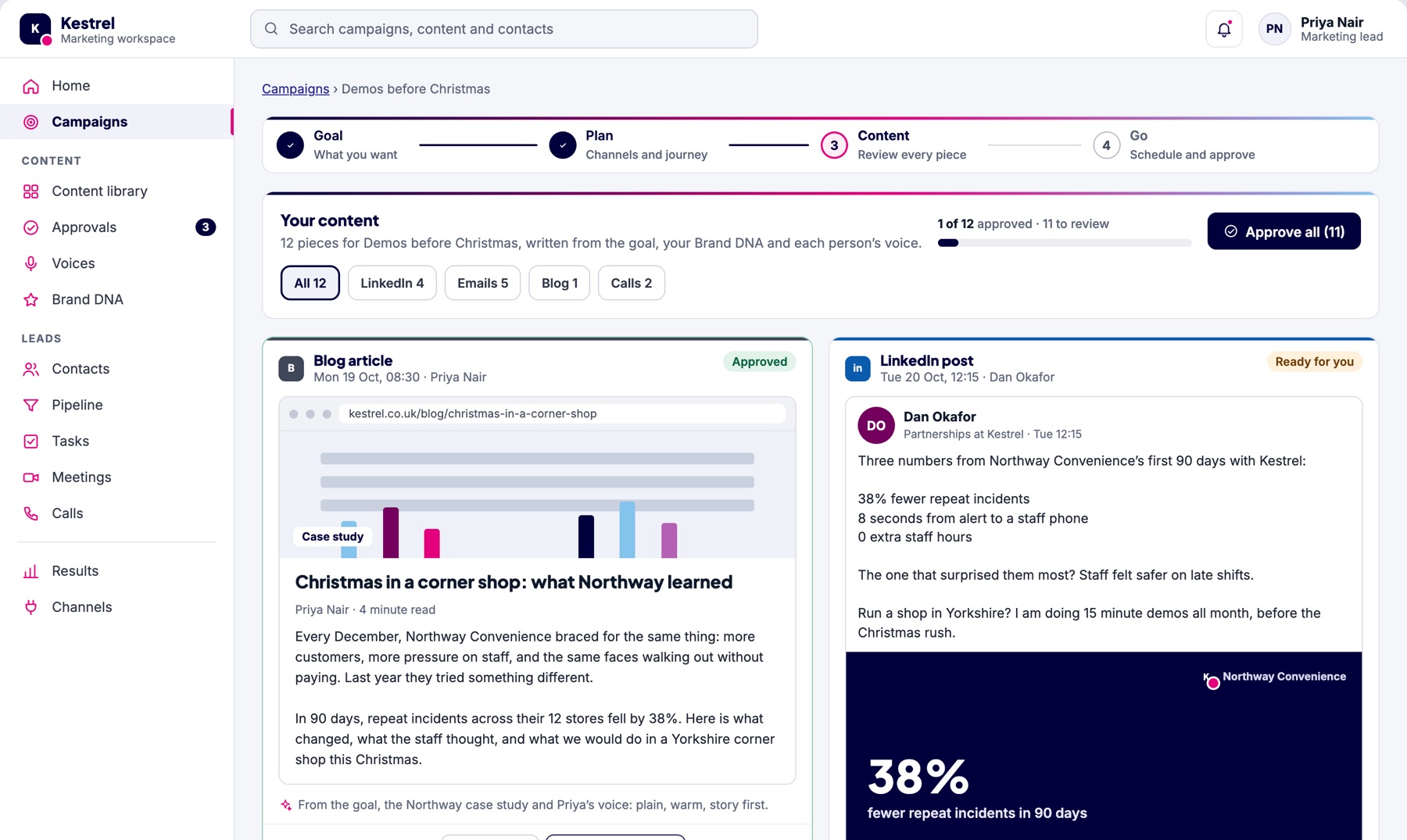 Campaign content: a blog article and a LinkedIn post written in a named person's voice, each with Approve.